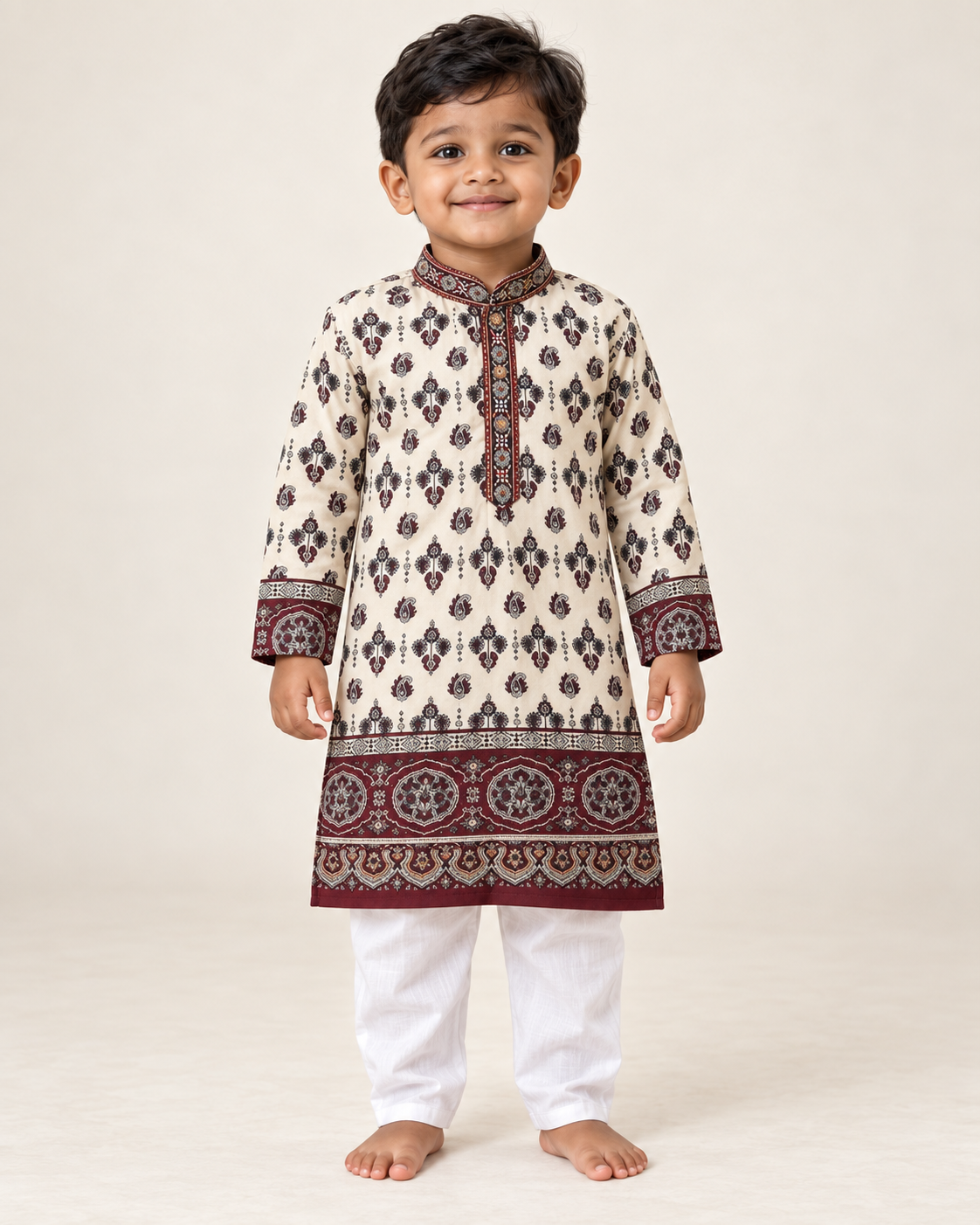 Boys’ ivory with burgundy paisley border printed kurta and white pants set – model front view