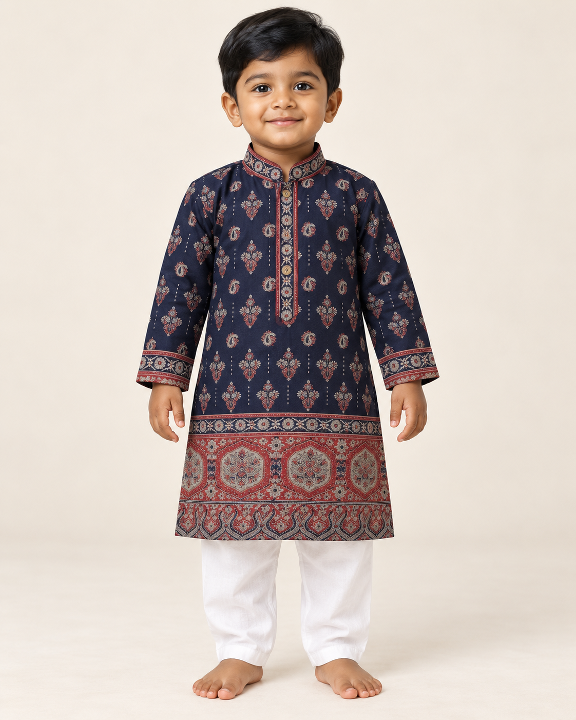 Boys’ navy with burgundy paisley border printed kurta and white pants set – model front view