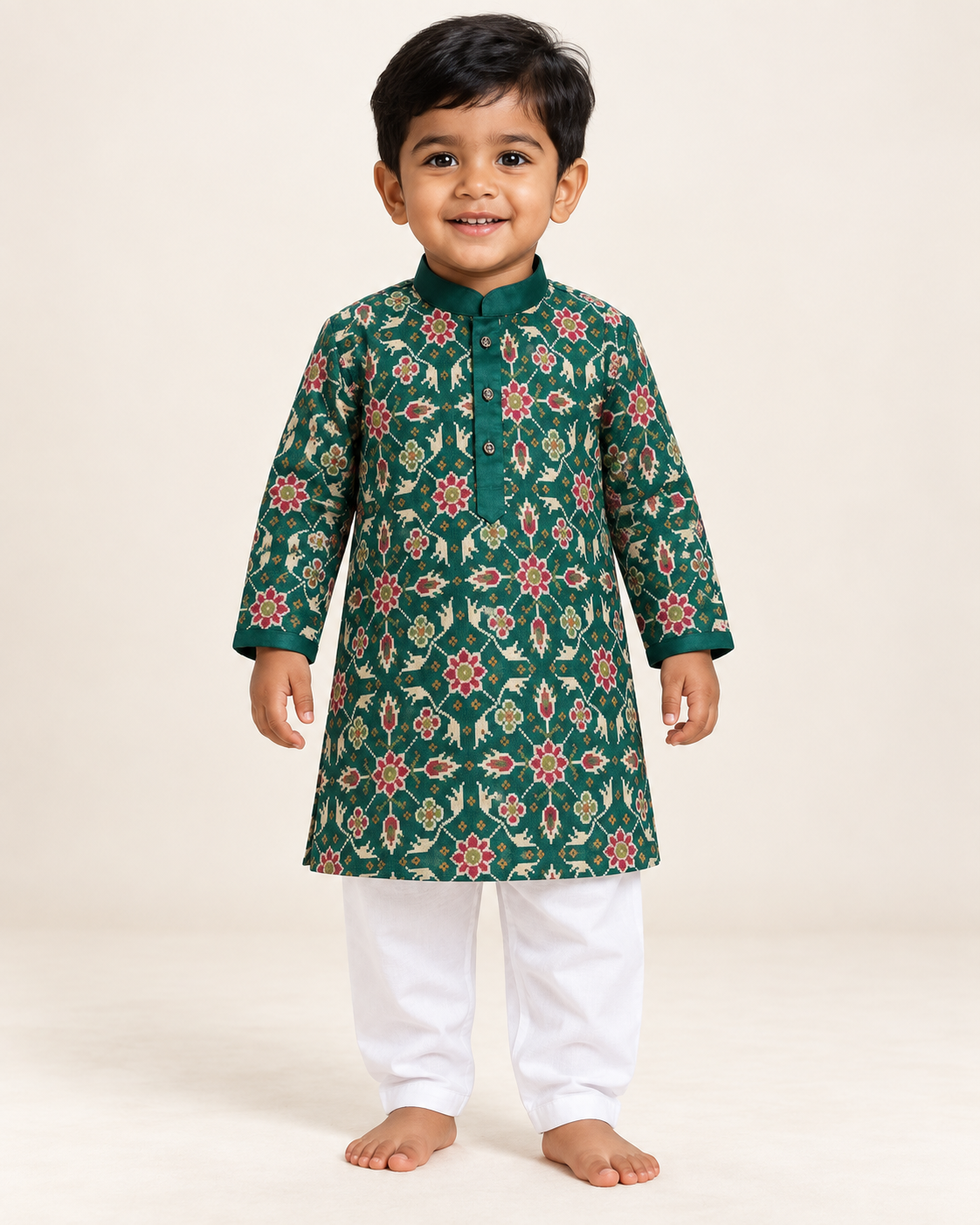 Boys’ emerald printed georgette kurta set with white drawstring pants – model front view