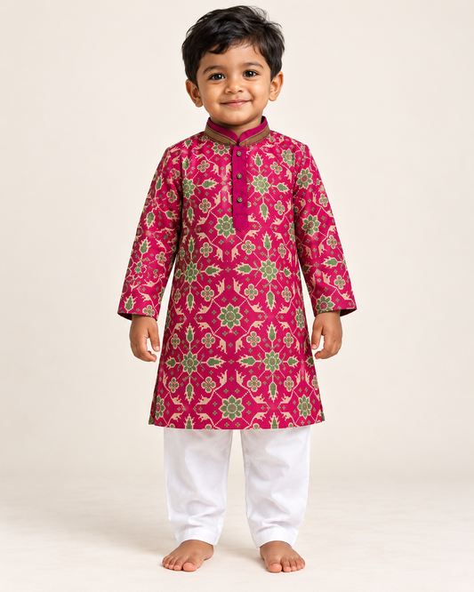 Boys’ fuchsia printed georgette kurta set with white drawstring pants – model front view