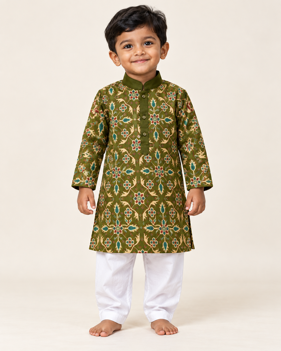 Boys’ olive printed georgette kurta set with white drawstring pants – model front view