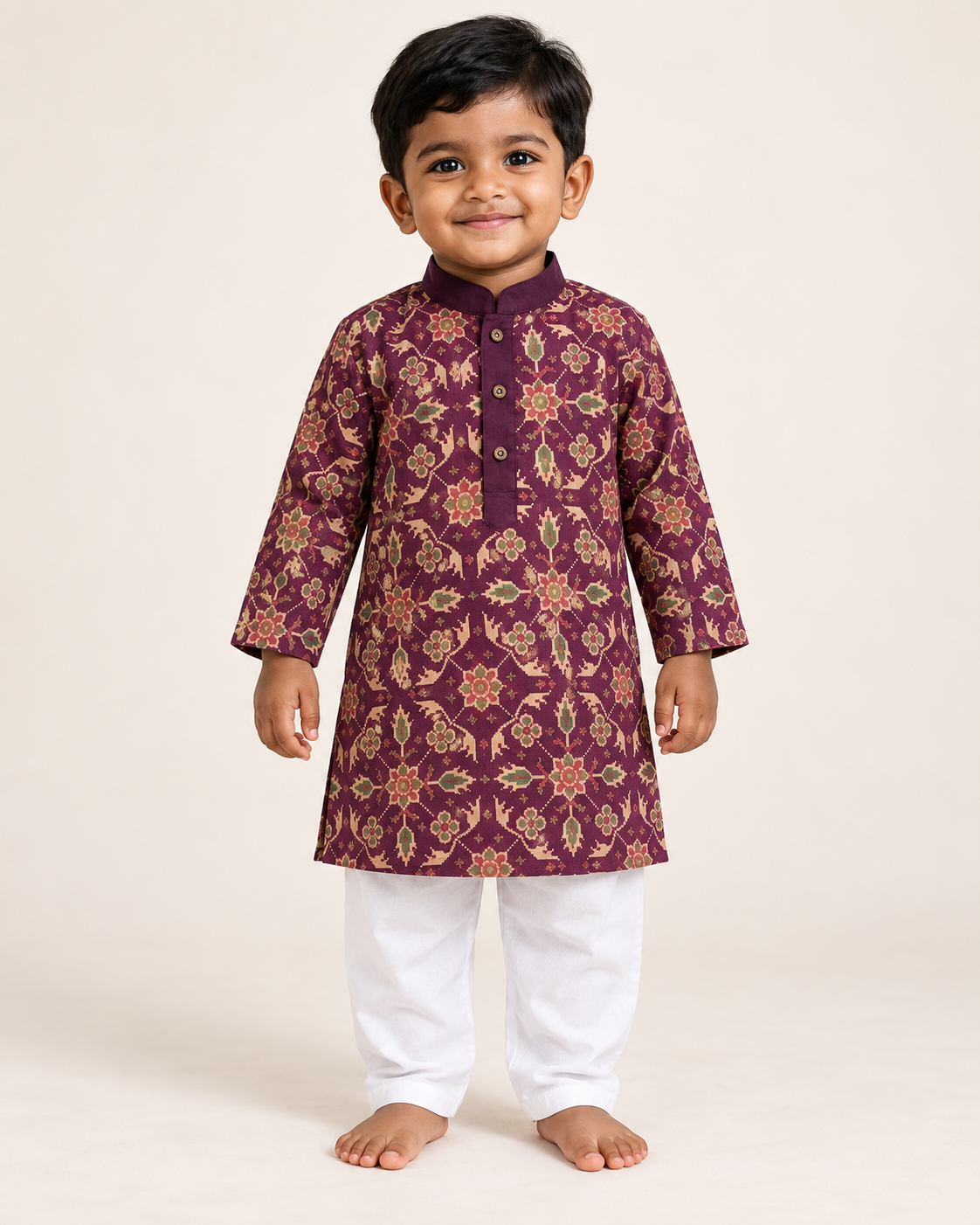 Boys’ plum printed georgette kurta set with white drawstring pants – model front view