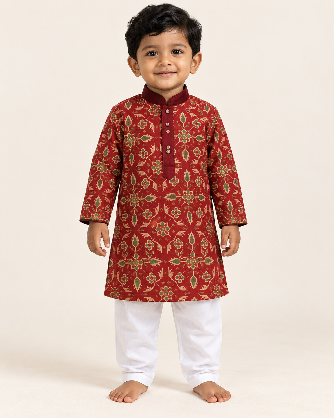 Boys’ red printed georgette kurta set with white drawstring pants – model front view