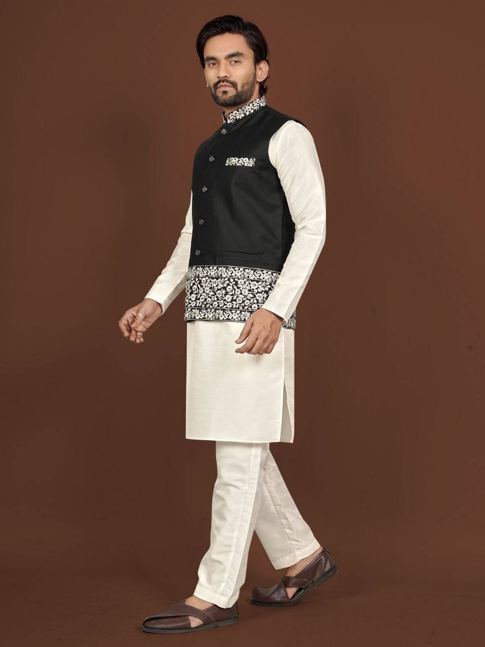 House of Kurtas men nehru jacket,kurta and pants set Black Side View
