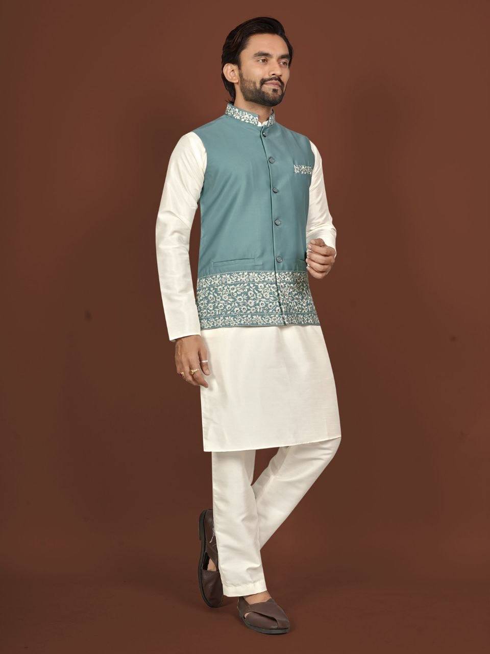 House of Kurtas men nehru jacket,kurta and pants set Teal Front View