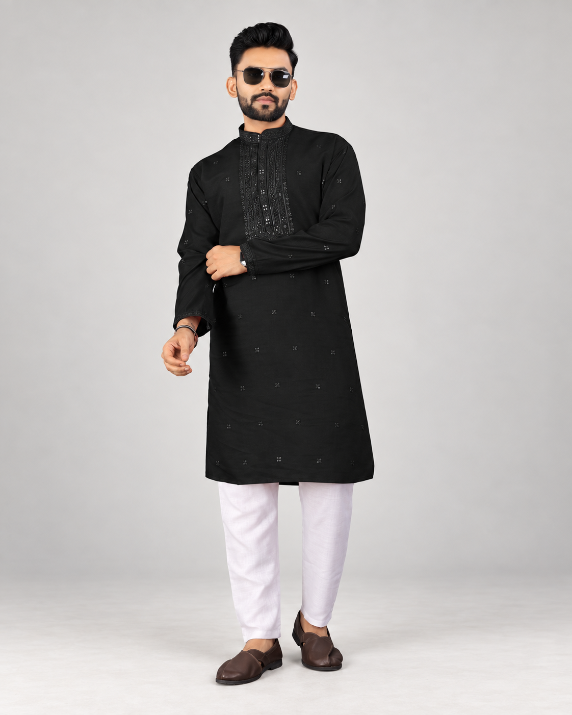 Black men's cotton silk traditional work kurta styled with white pants