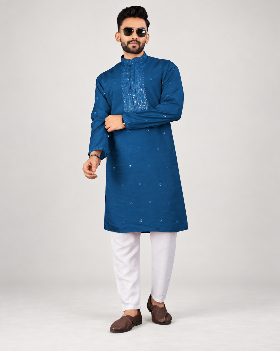 Blue men's cotton silk traditional work kurta styled with white pants