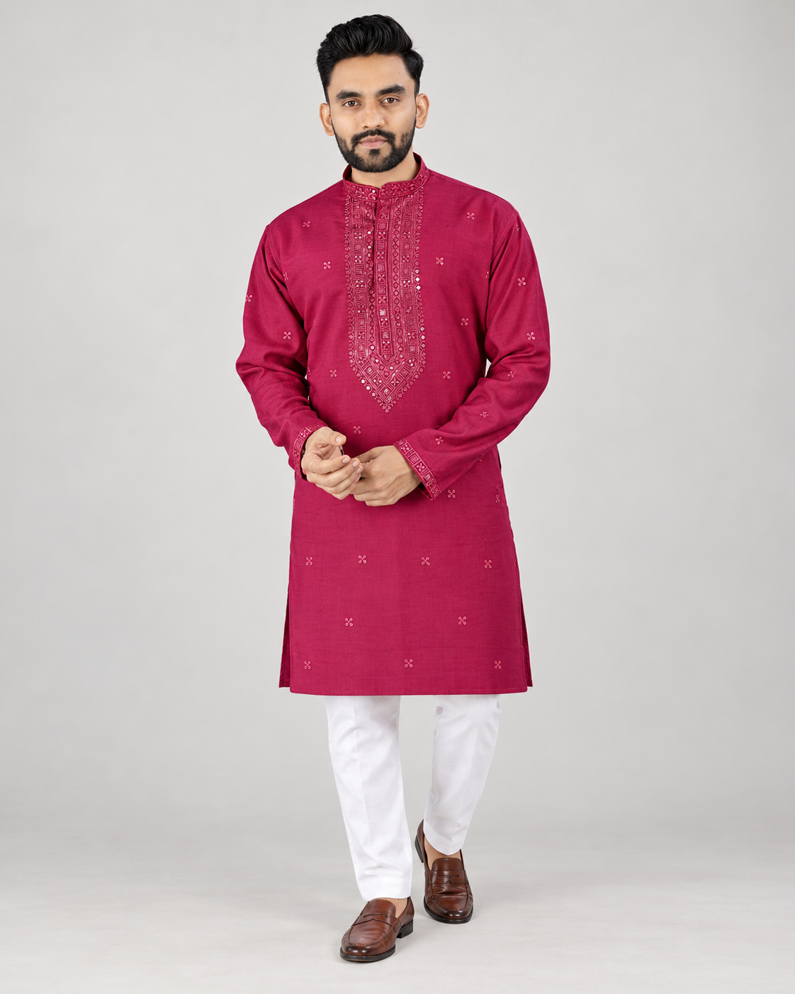 Magenta men's cotton silk traditional work kurta styled with white pants