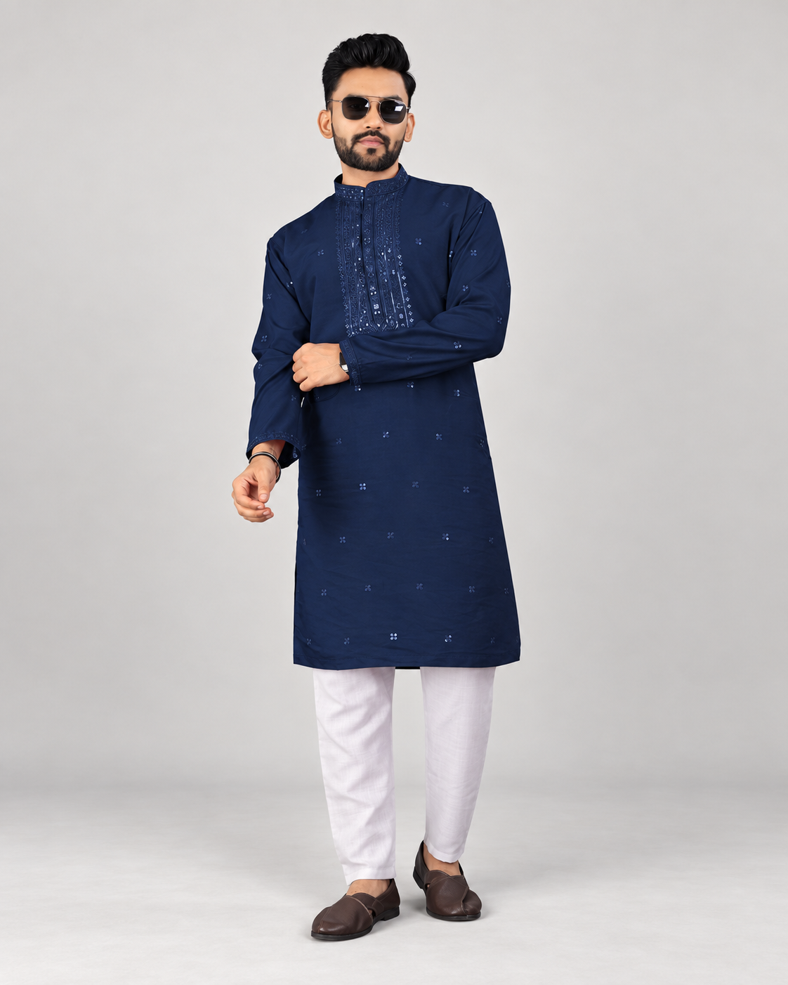 Navy men's cotton silk traditional work kurta styled with white pants