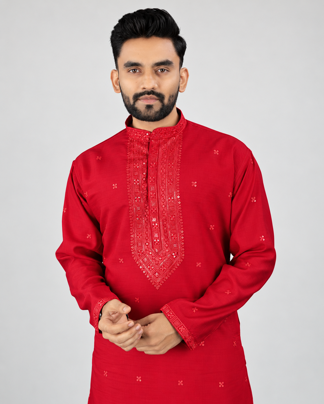 Close-up of red cotton silk kurta neckline and cuff work