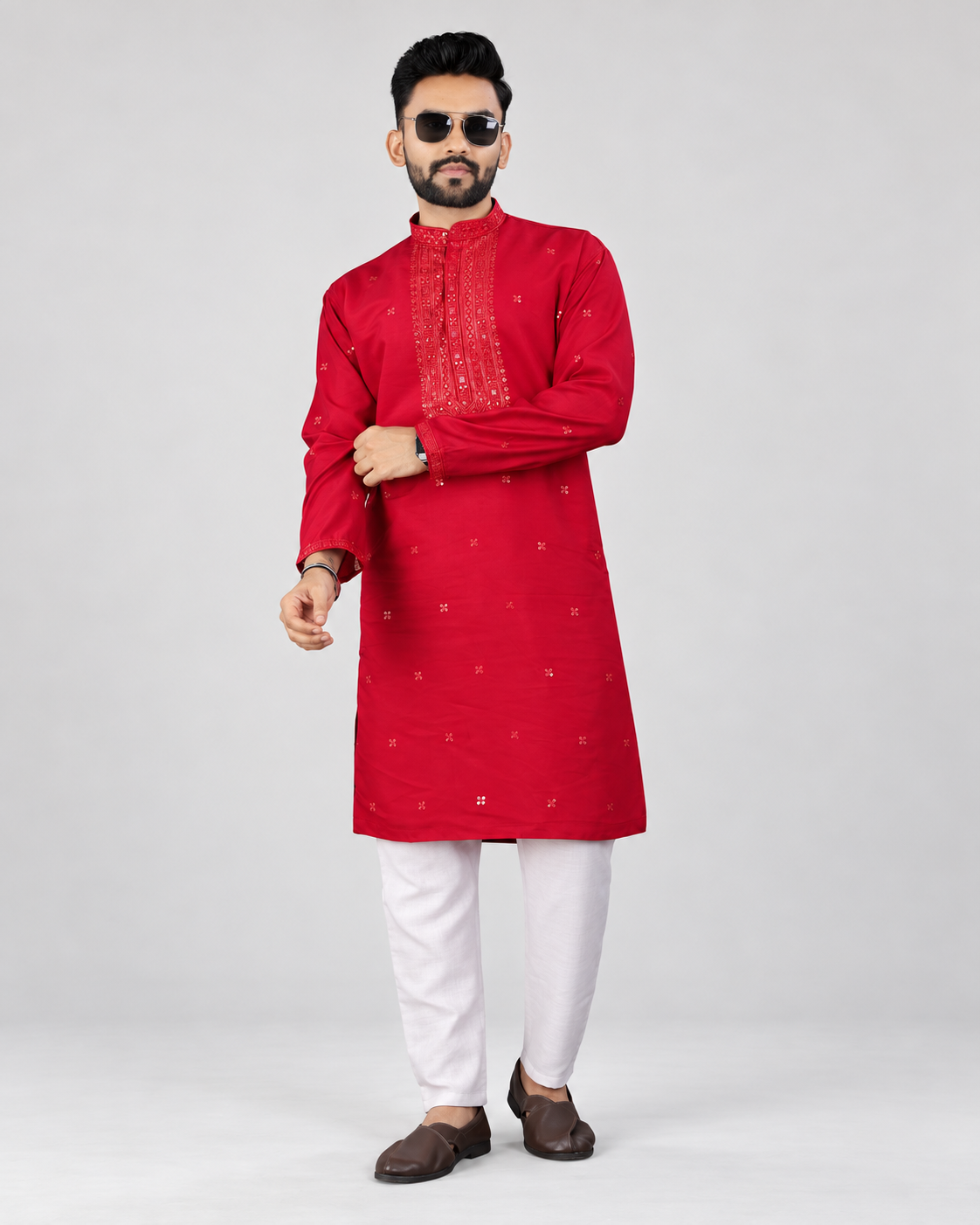 Red men's cotton silk traditional work kurta styled with white pants