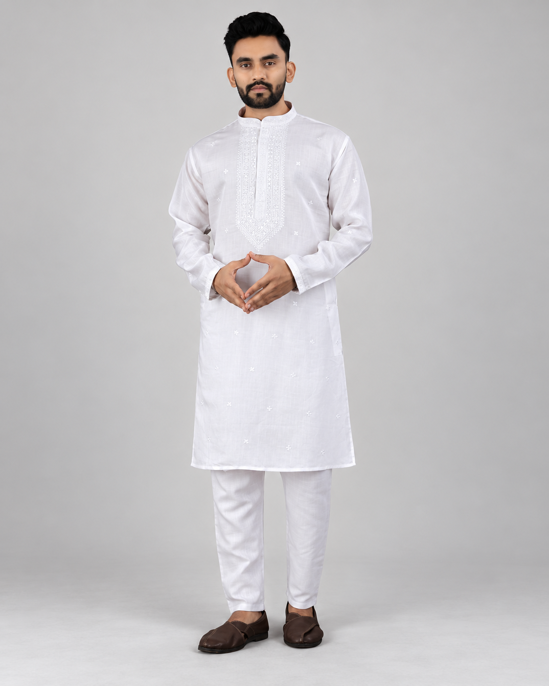 White men's cotton silk traditional work kurta styled with white pants