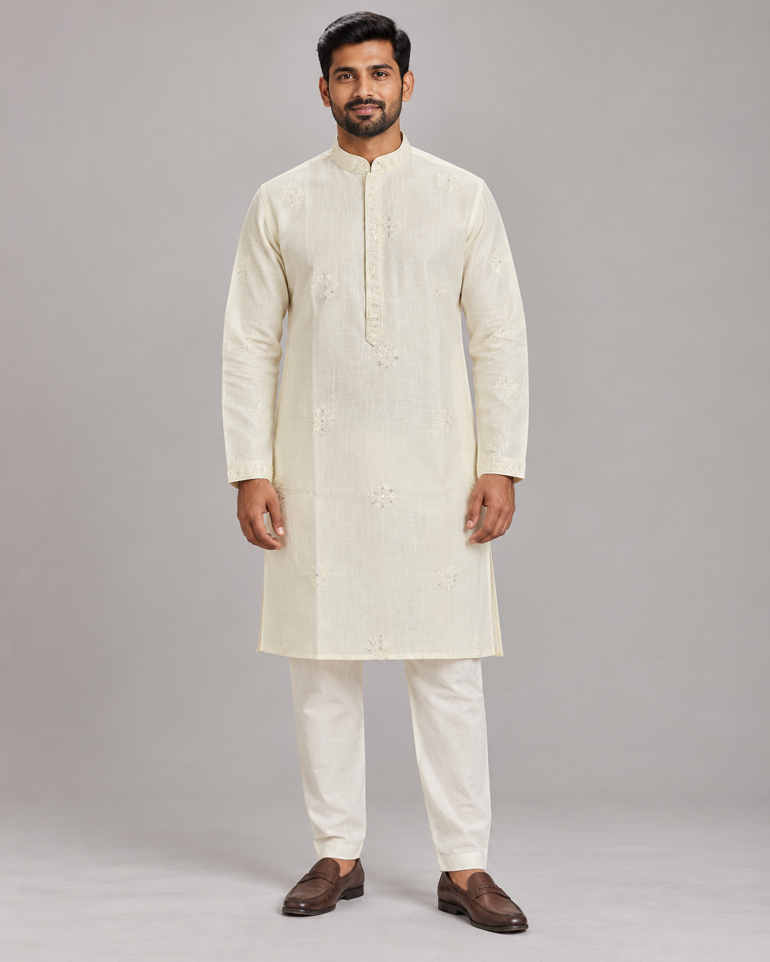 Ivory men's embroidered sequin kurta with pants on model