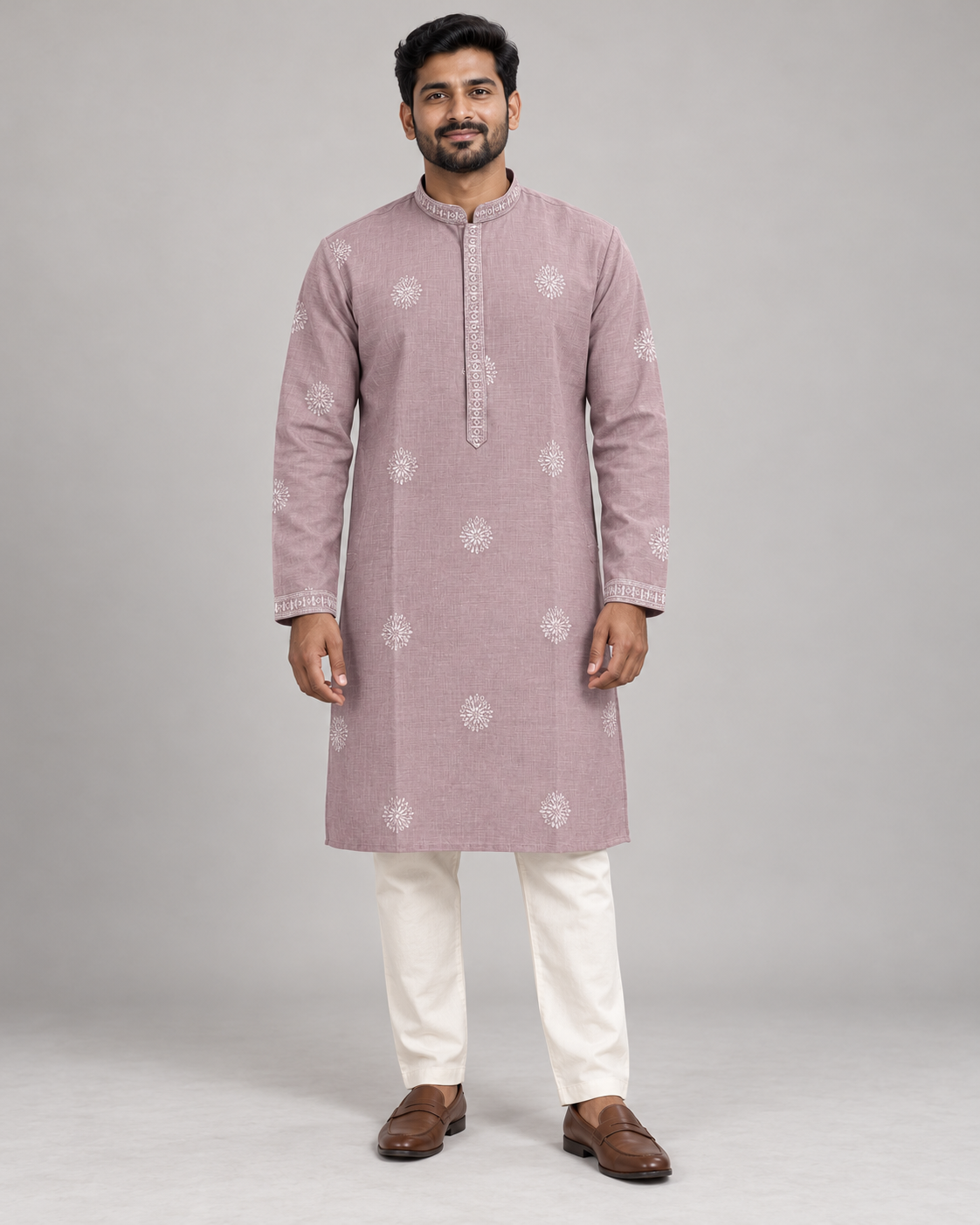 Mauve men's embroidered sequin kurta with pants on model