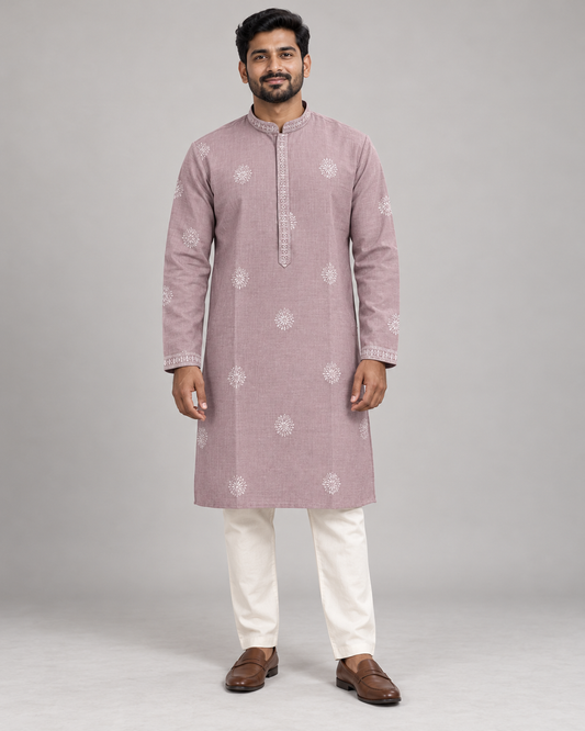 Mauve men's embroidered sequin kurta with pants on model