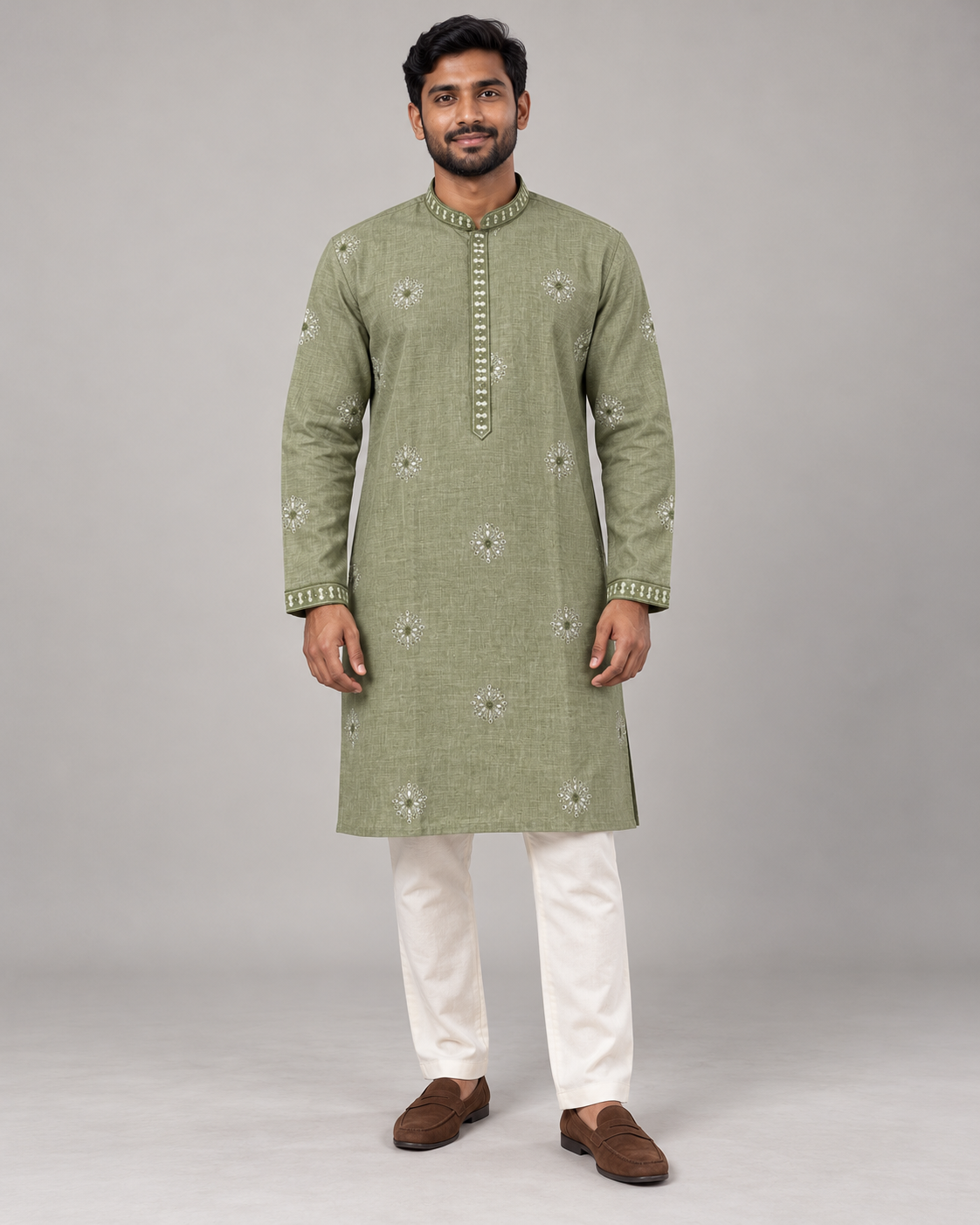 Olive men's embroidered sequin kurta with pants on model