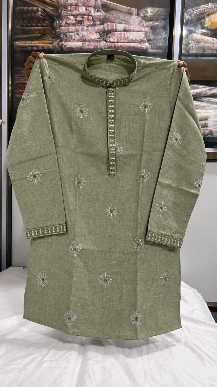 Olive men's embroidered sequin kurta original garment photograph