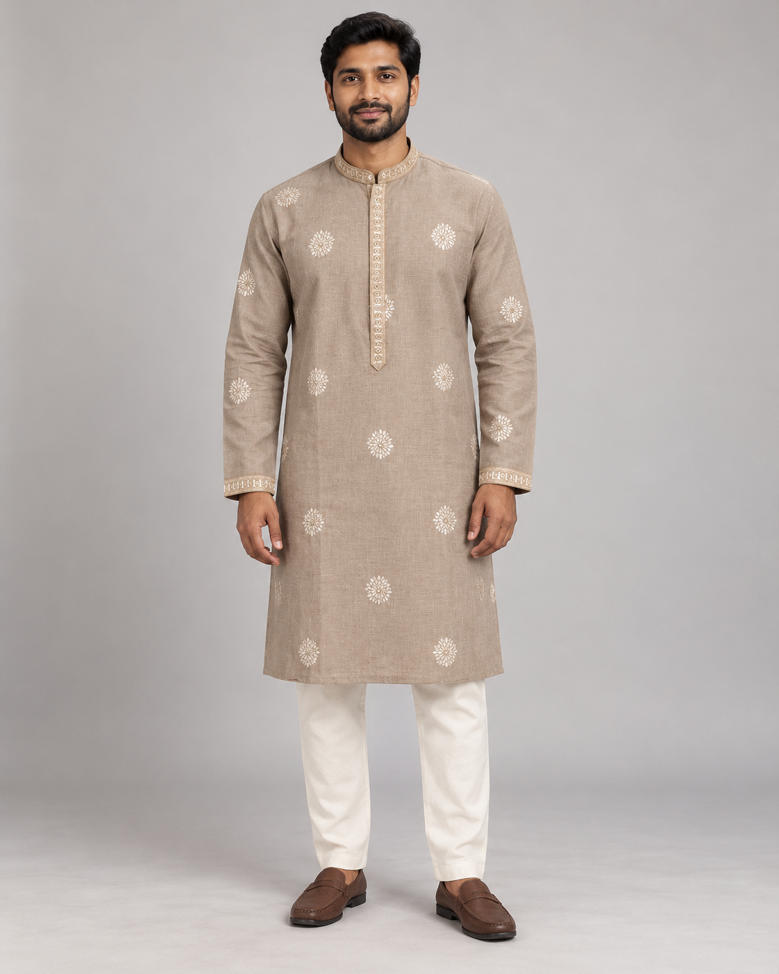 Taupe men's embroidered sequin kurta with pants on model