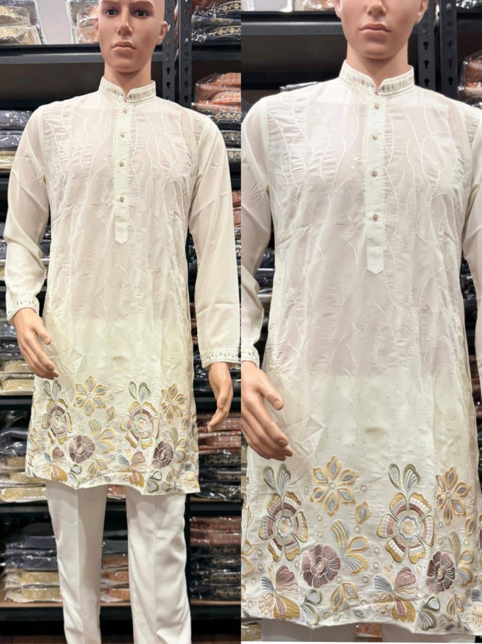 Men’s ivory floral embroidered sequin kurta with semi cotton pants – embroidery detail