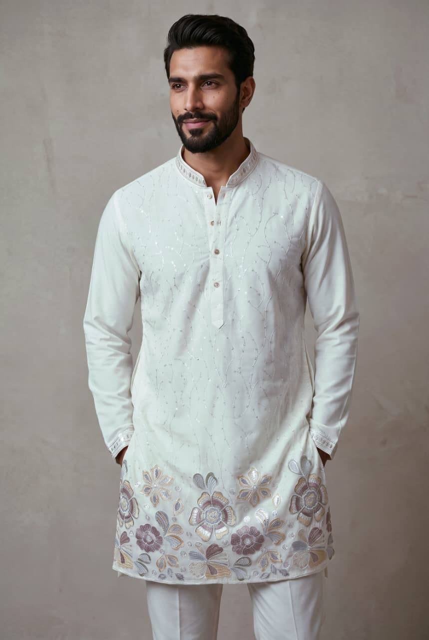 Men’s ivory floral embroidered sequin kurta with semi cotton pants – model front view