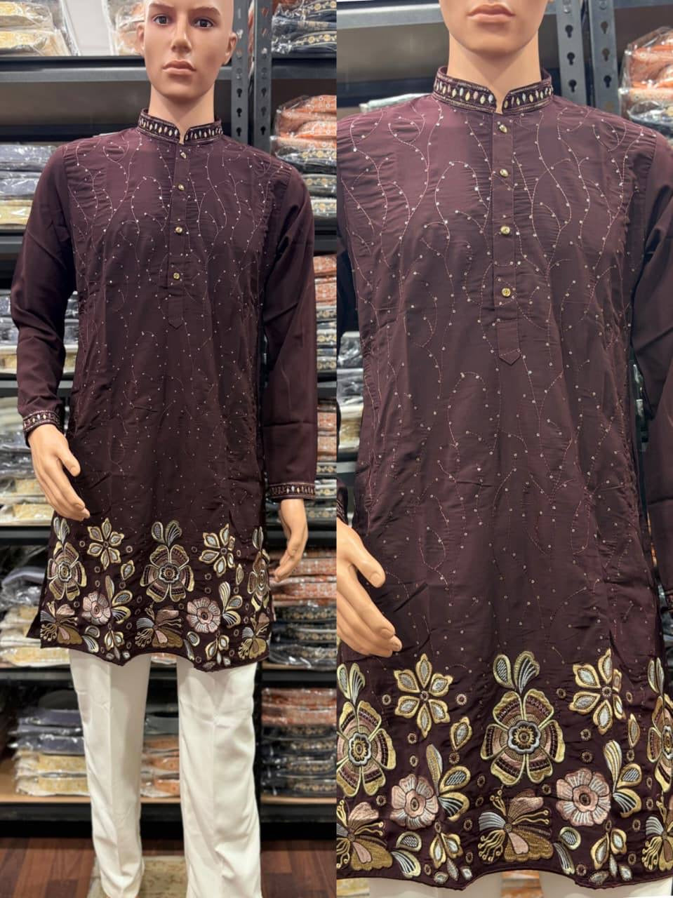 Men’s plum floral embroidered sequin kurta with semi cotton pants – embroidery detail