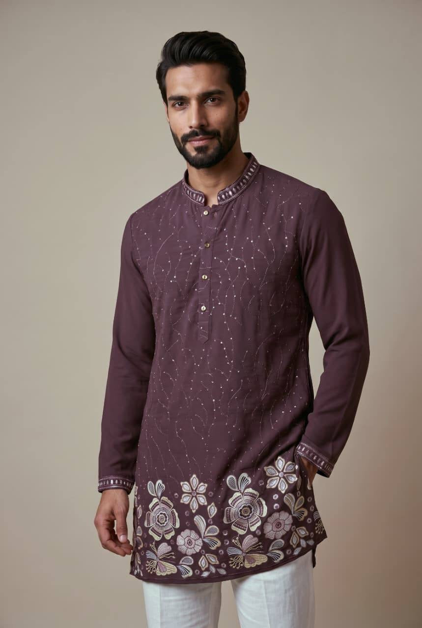 Men’s plum floral embroidered sequin kurta with semi cotton pants – model front view