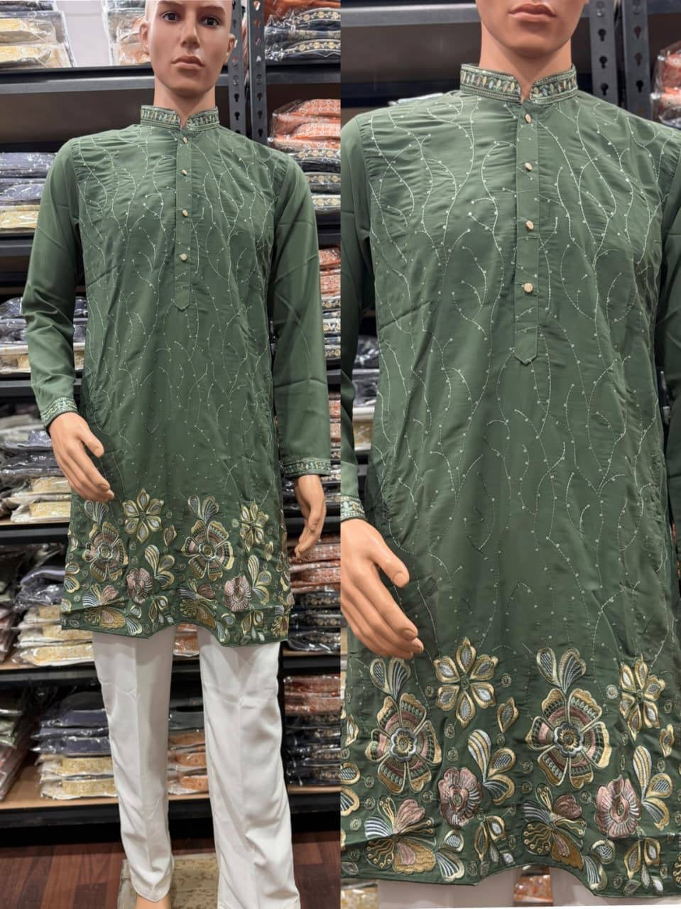 Men’s sage green floral embroidered sequin kurta with semi cotton pants – embroidery detail