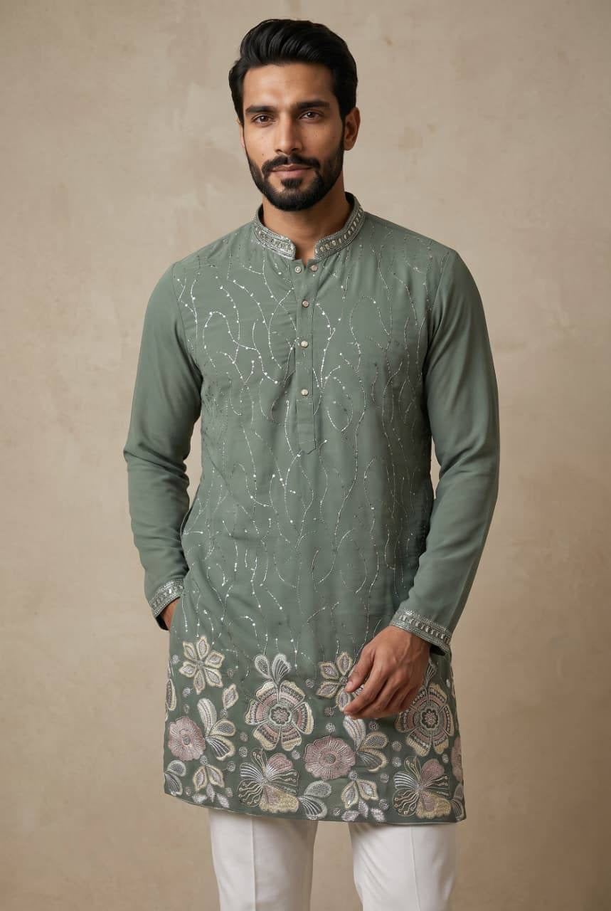 Men’s sage green floral embroidered sequin kurta with semi cotton pants – model front view