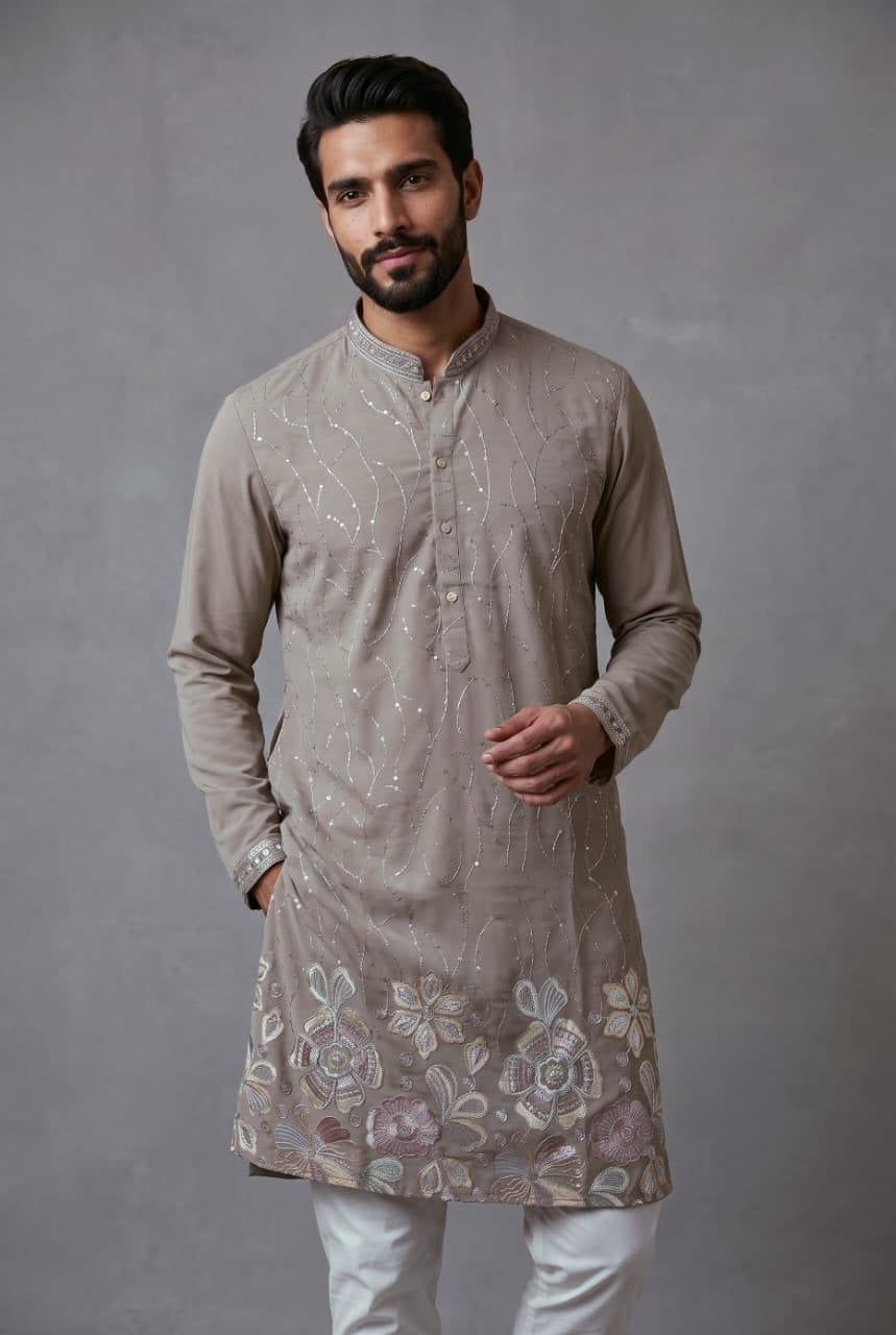 Men’s taupe floral embroidered sequin kurta with semi cotton pants – model front view