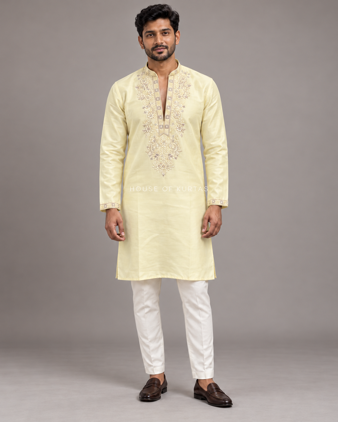 Butter Yellow embroidered cotton silk kurta with pants on model