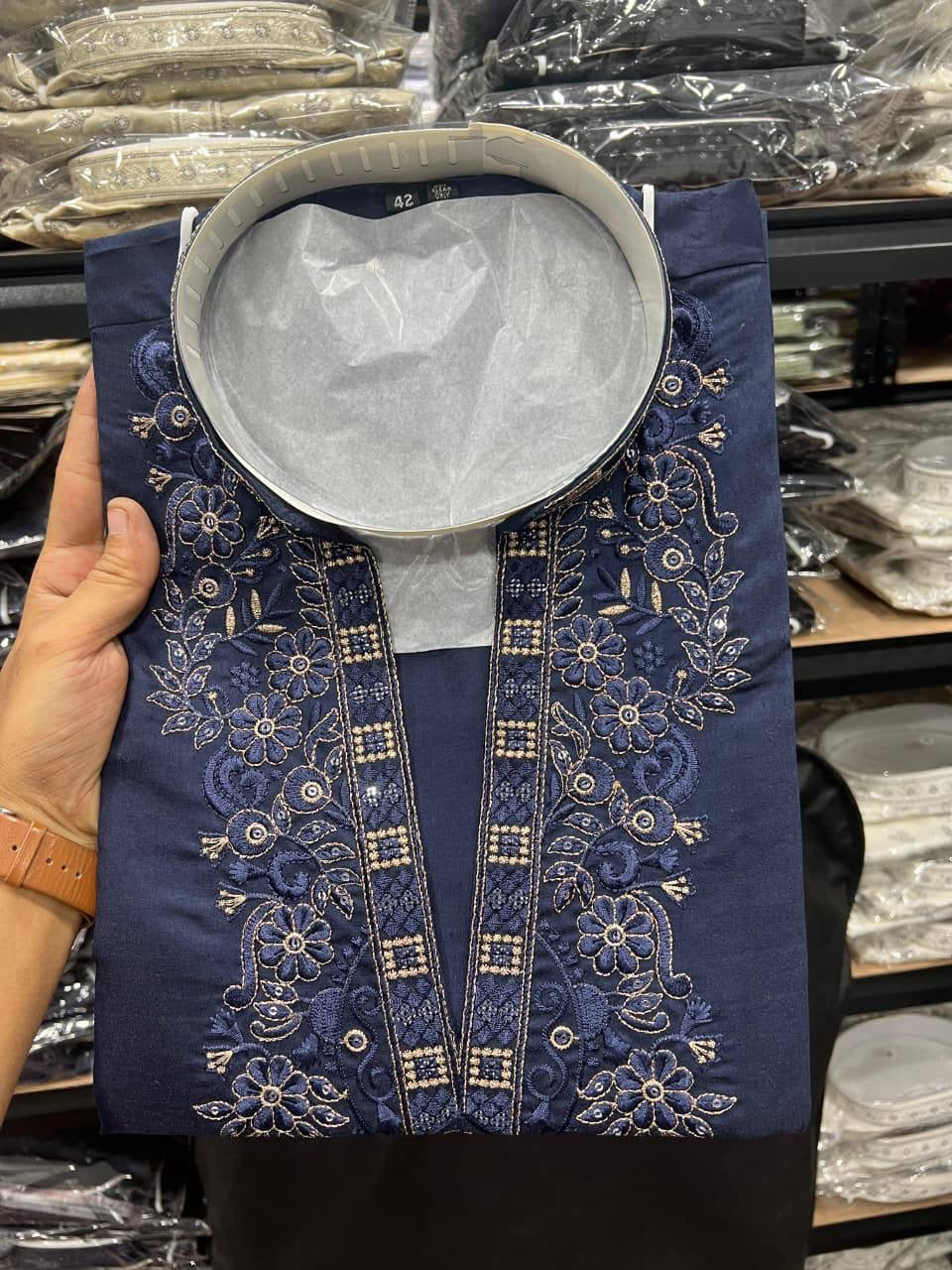 Navy embroidered cotton silk kurta neckline embroidery close-up