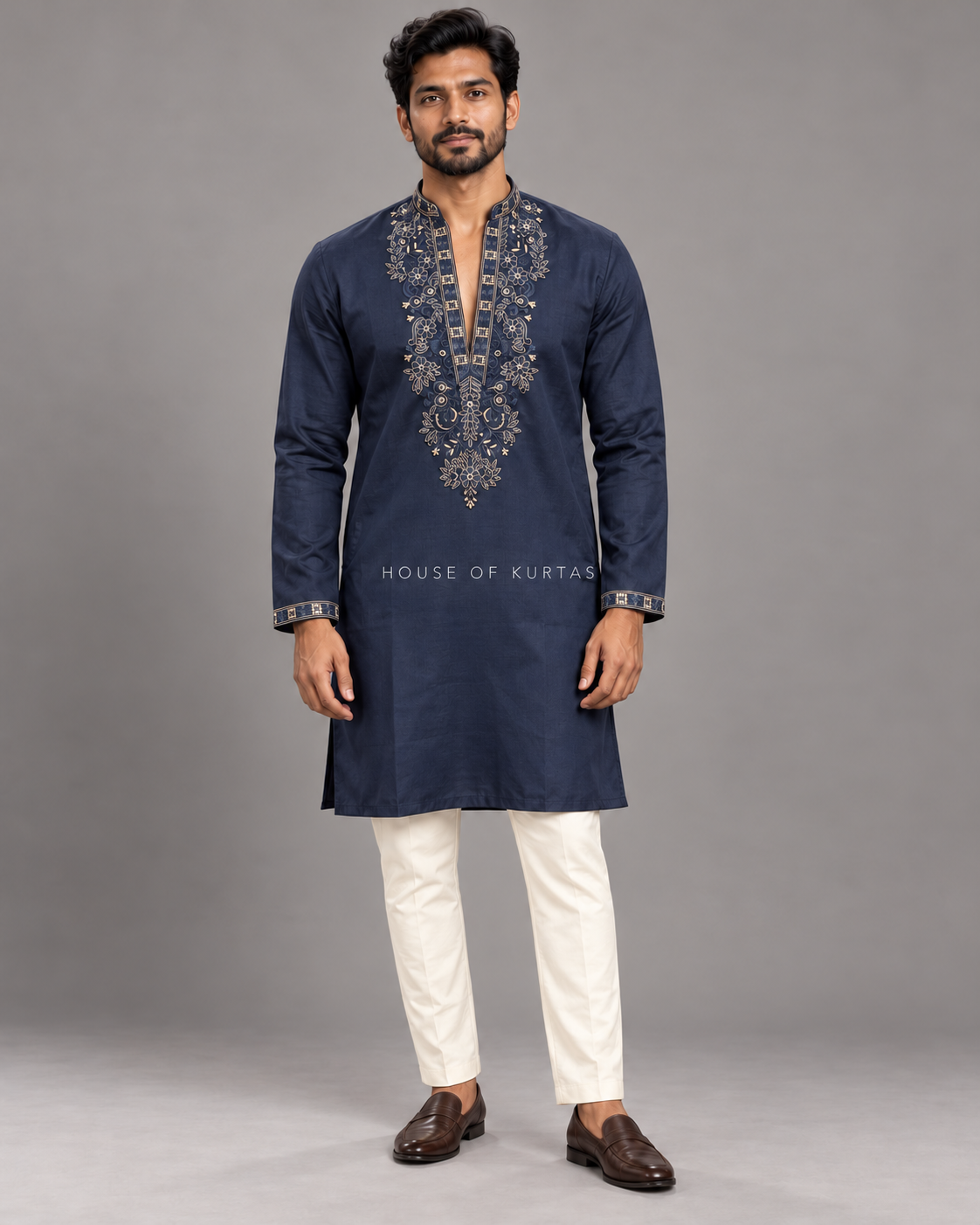 Navy embroidered cotton silk kurta with pants on model
