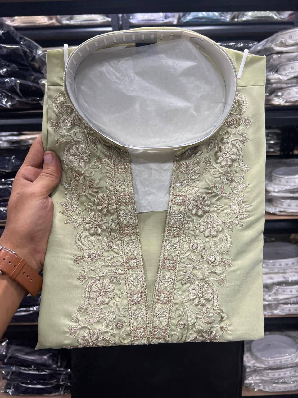 Pale Sage embroidered cotton silk kurta neckline embroidery close-up