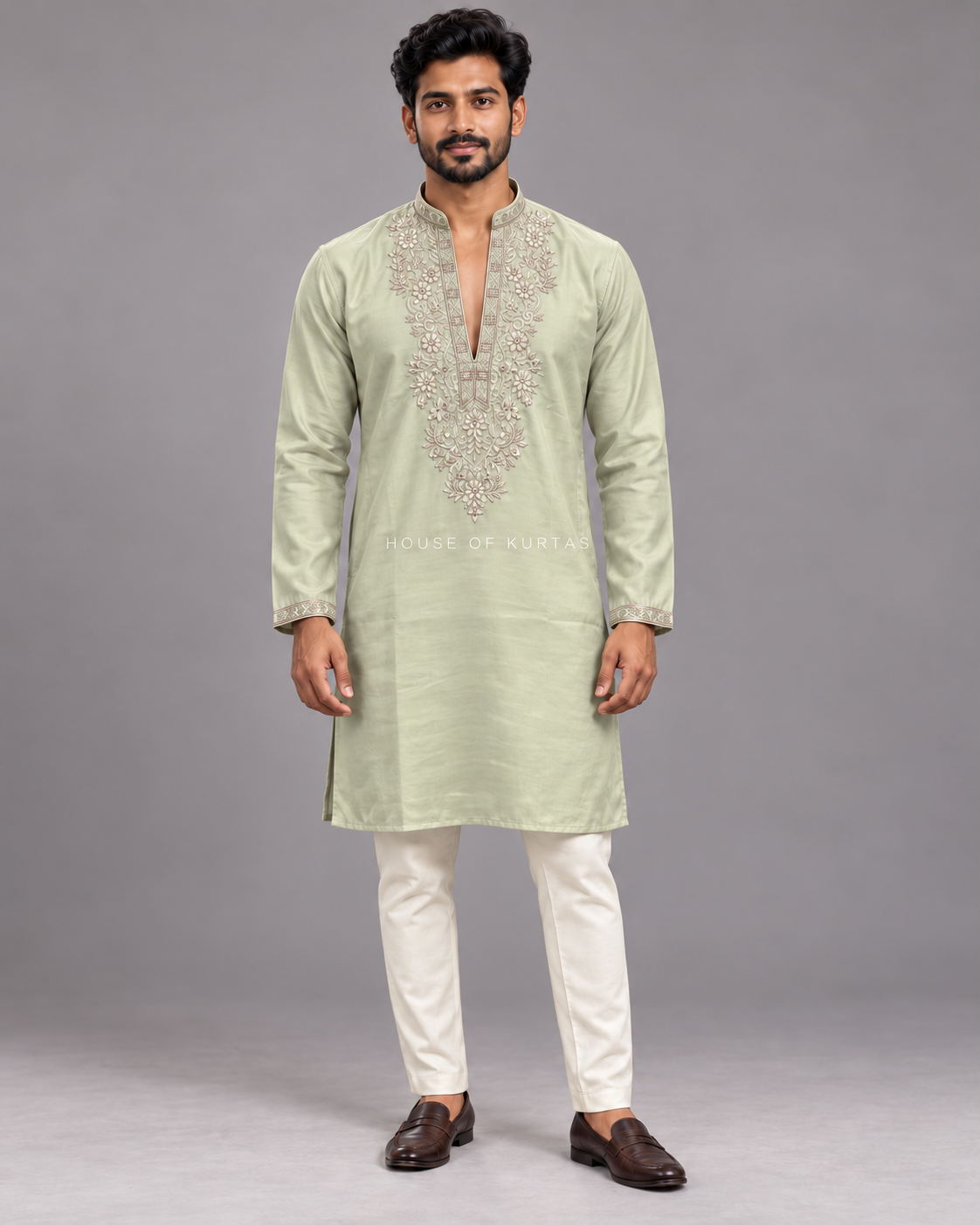 Pale Sage embroidered cotton silk kurta with pants on model