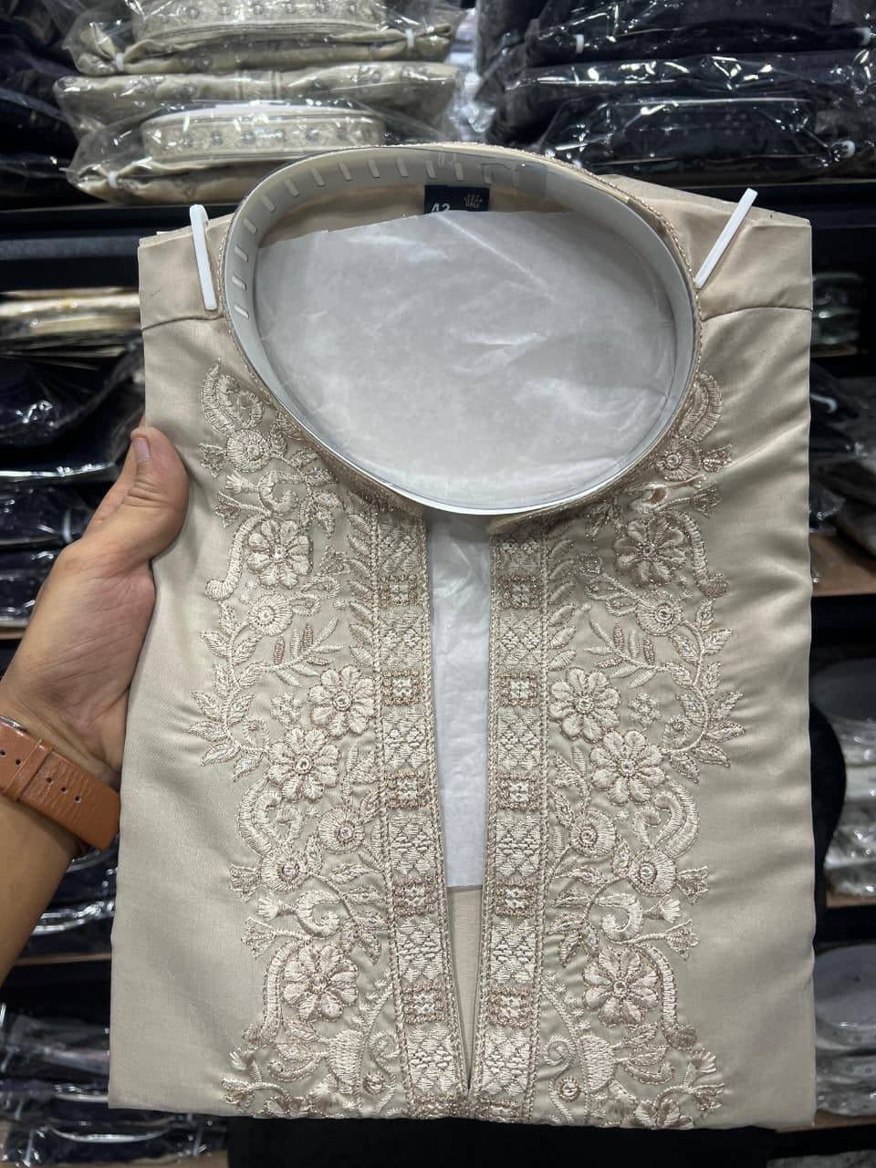 Stone Greige embroidered cotton silk kurta neckline embroidery close-up