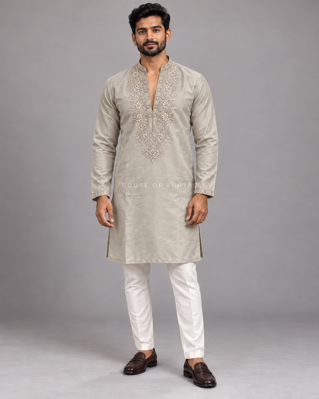 Stone Greige embroidered cotton silk kurta with pants on model