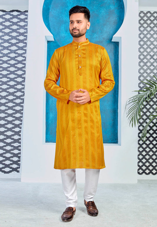 Mustard Jacquard Silk Kurta with Pants