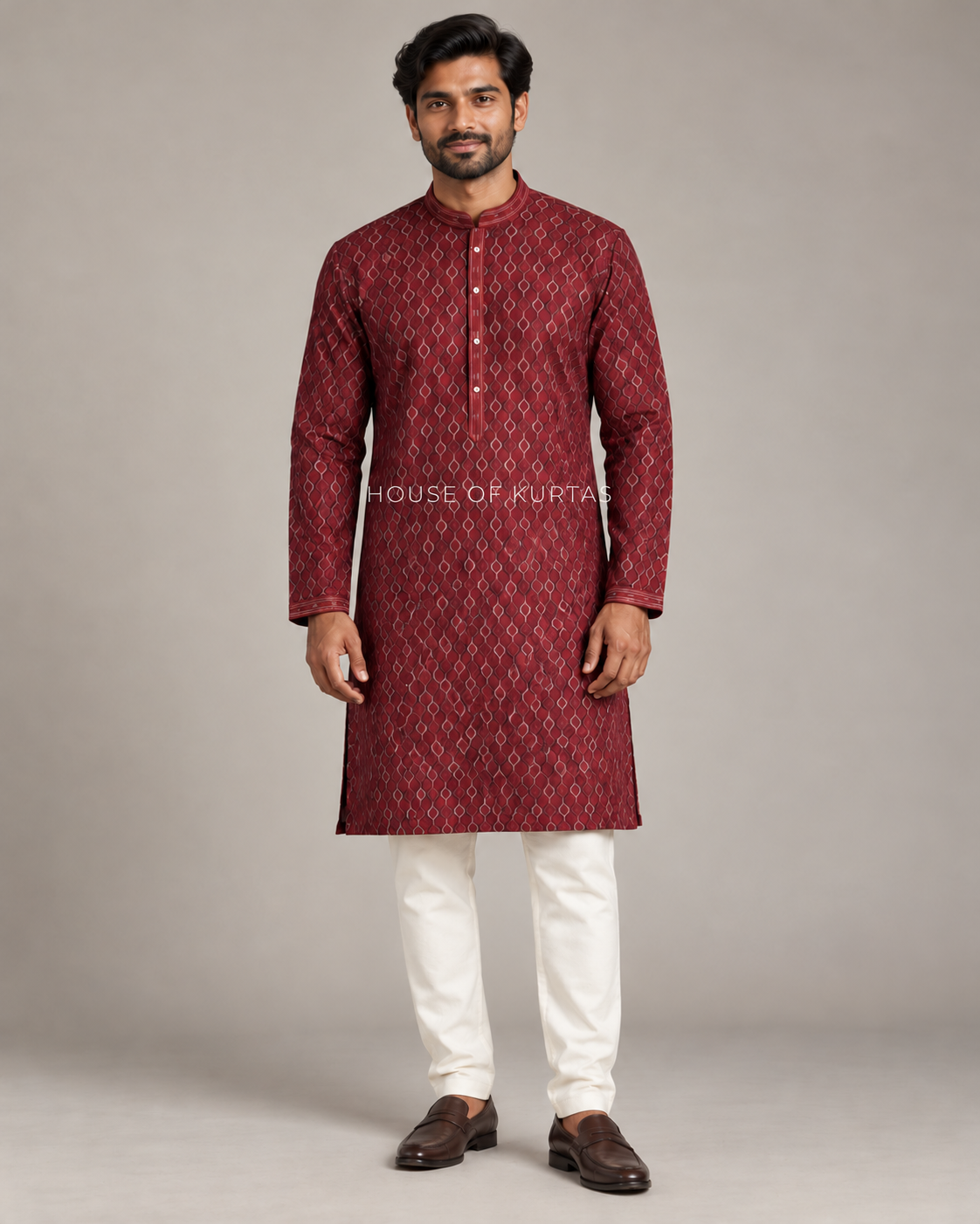 Burgundy men's lattice jacquard kurta on model with House of Kurtas watermark