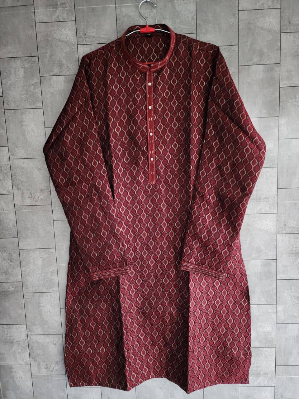 Burgundy men's lattice jacquard kurta original garment photo