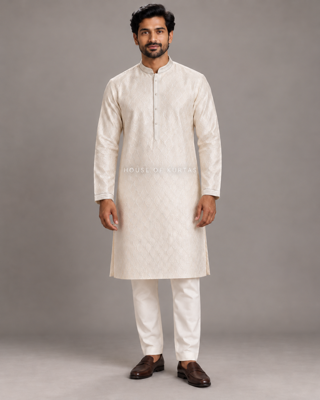 Ivory men's lattice jacquard kurta on model with House of Kurtas watermark