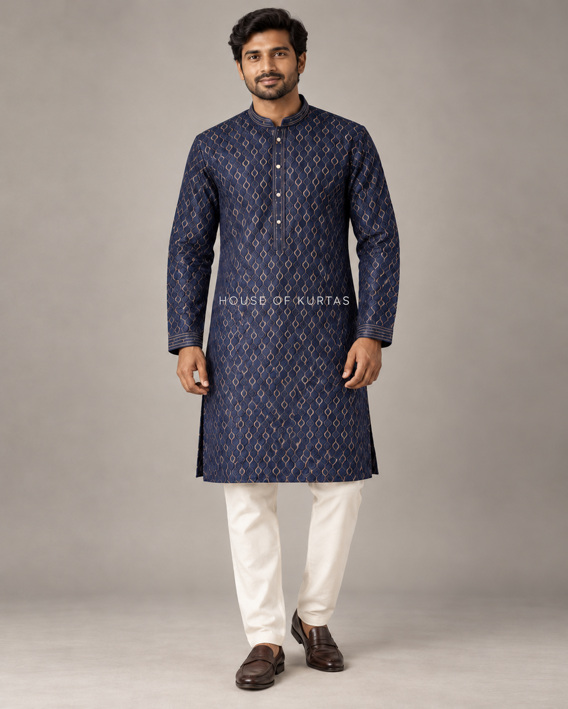 Navy men's lattice jacquard kurta on model with House of Kurtas watermark