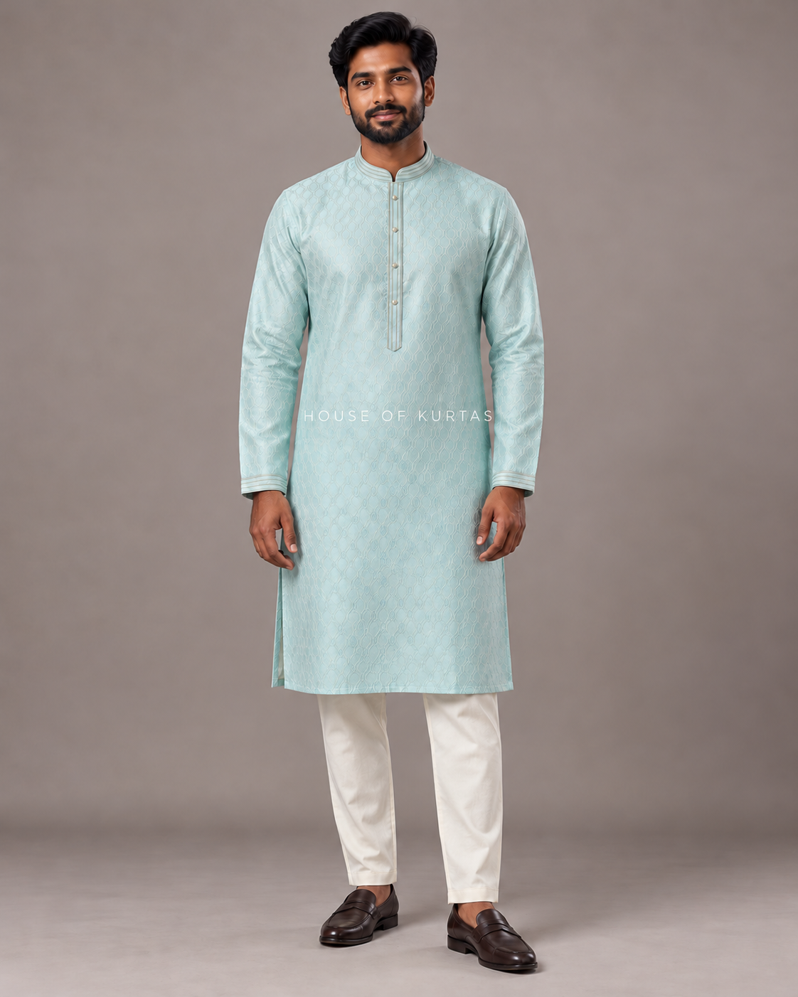 Pale Mint men's lattice jacquard kurta on model with House of Kurtas watermark
