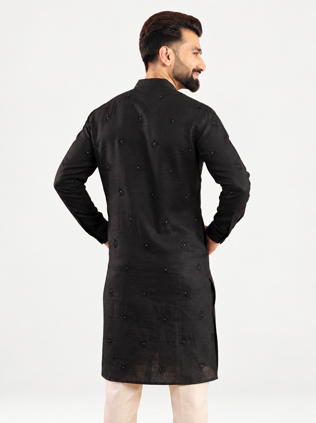 Men’s black embroidered linen cotton kurta – back view