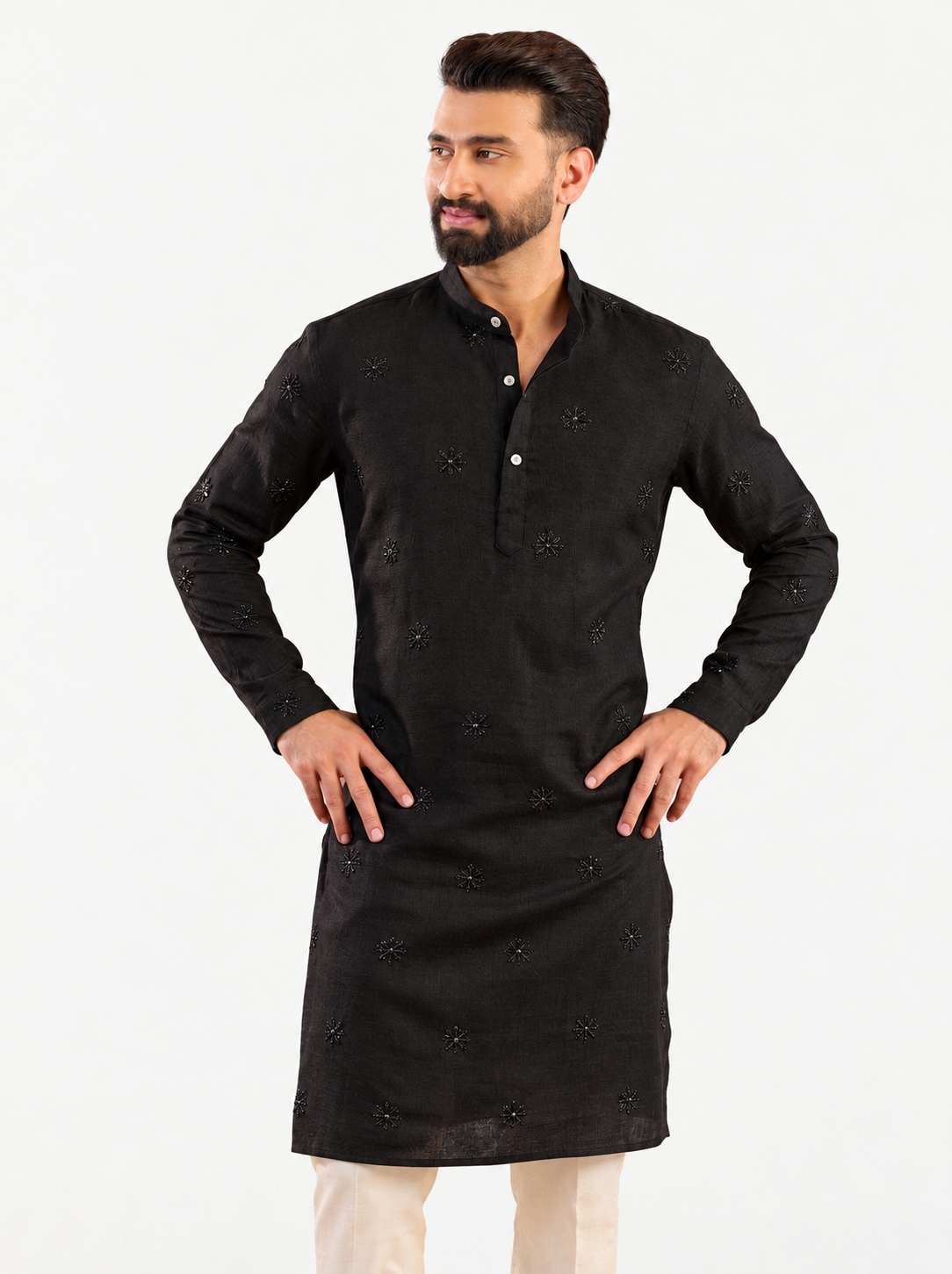 Men’s black embroidered linen cotton kurta – front view