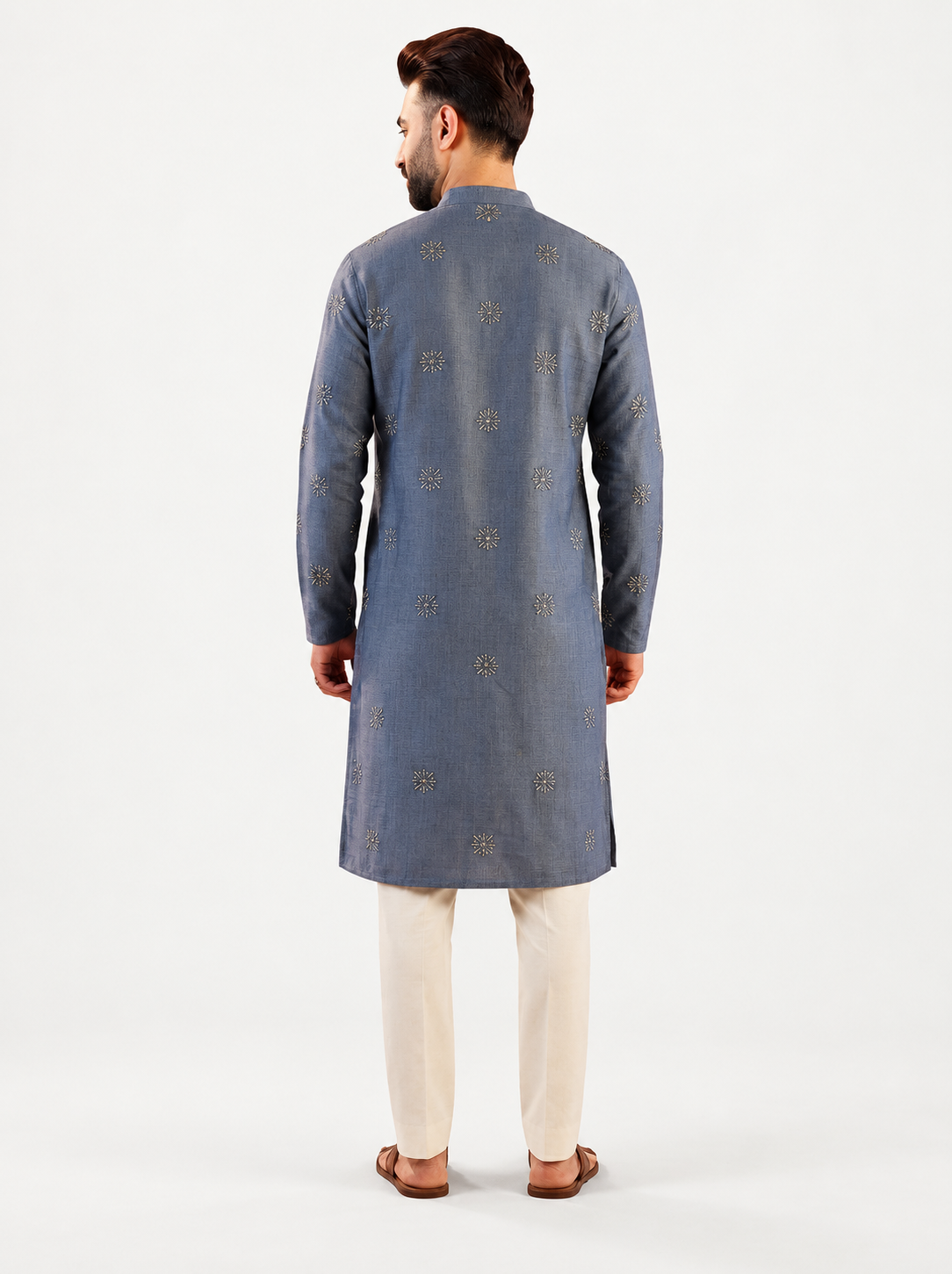 Men’s blue embroidered linen cotton kurta – back view