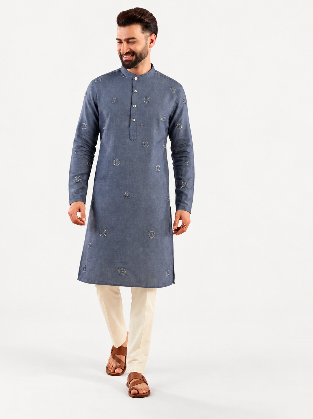 Men’s blue embroidered linen cotton kurta – front view