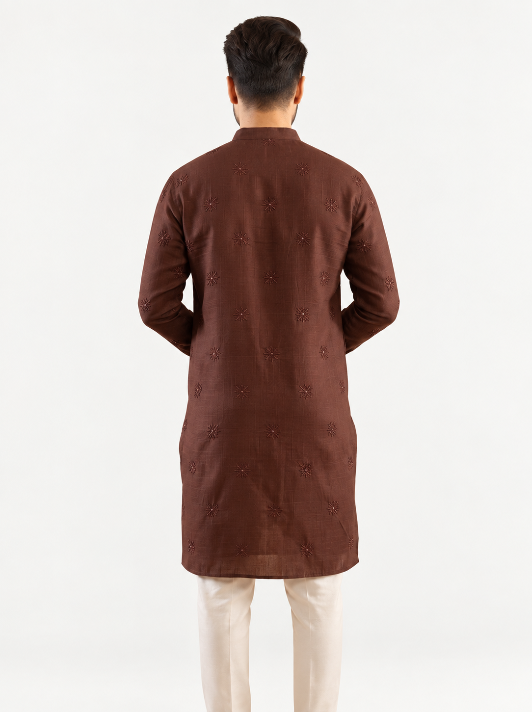 Men’s brown embroidered linen cotton kurta – back view