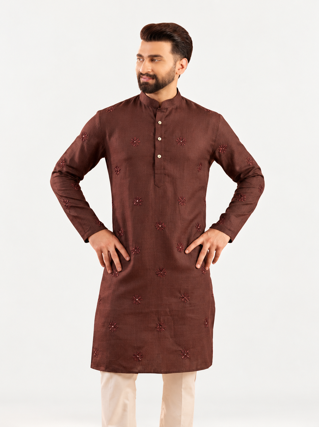 Men’s brown embroidered linen cotton kurta – front view