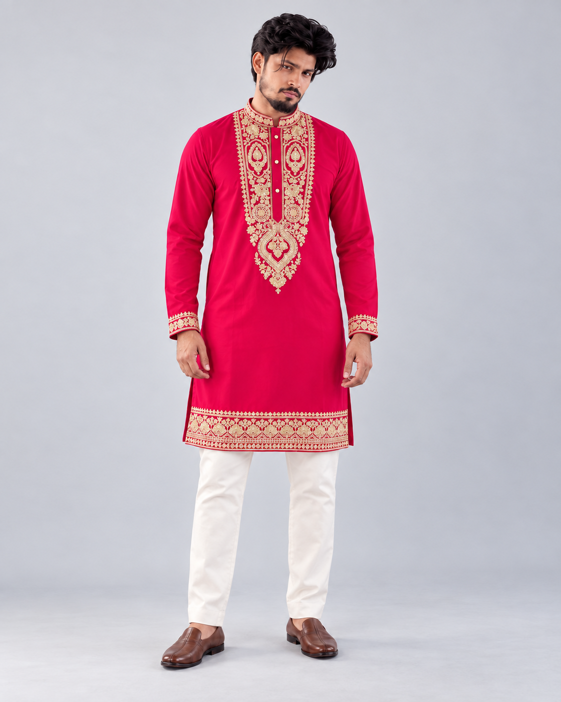 Fuchsia men's kurta set with gold embroidery, corrected from actual worn reference
