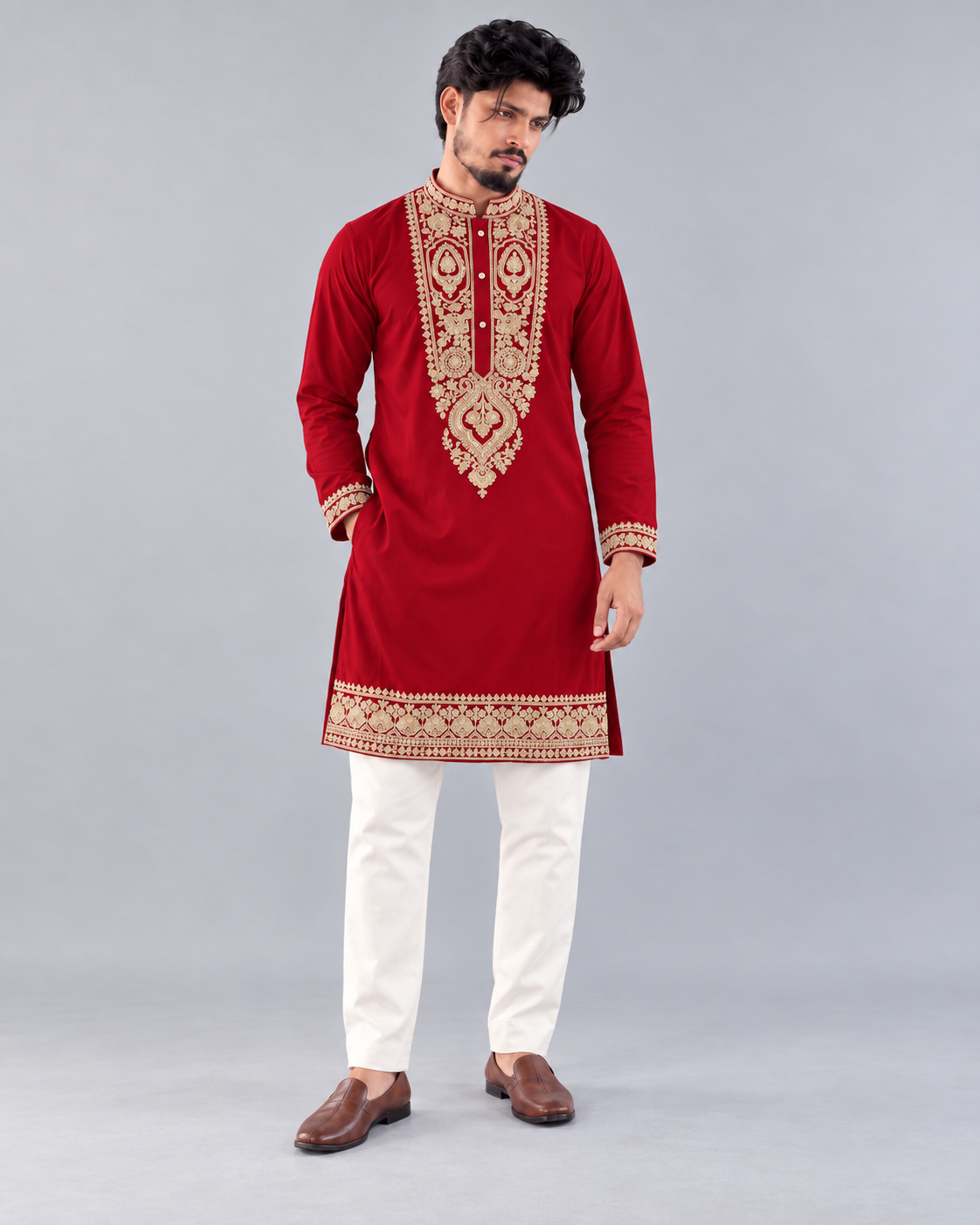 Red men's kurta set with gold embroidery, corrected from actual worn reference
